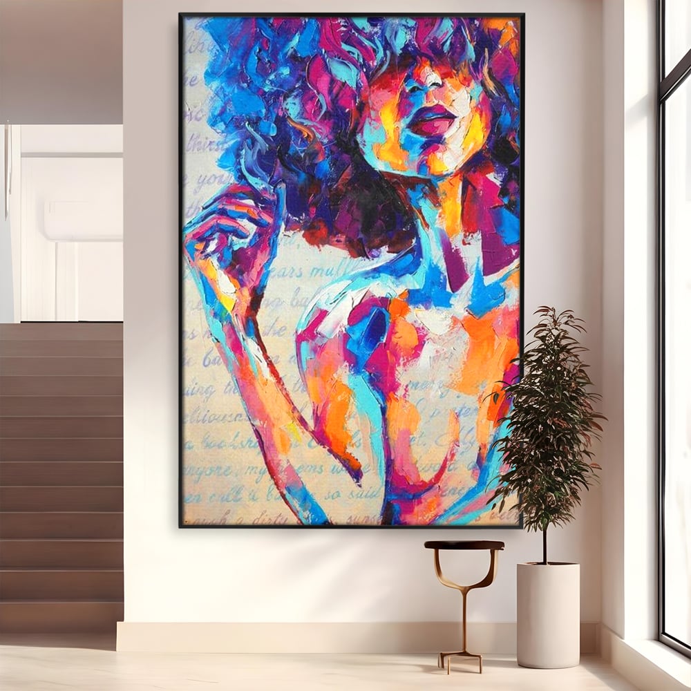 Tablou canvas cu tablou canvas cu portret artistic de femeie, in rama de aluminiu negru